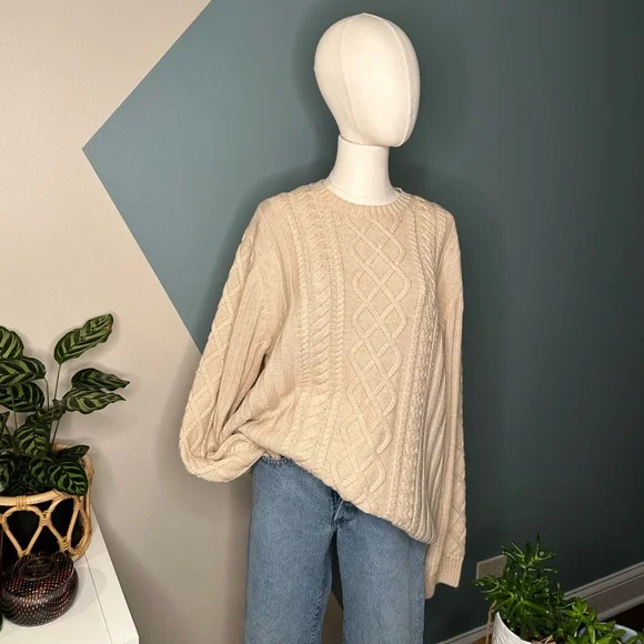 Tasso Elba Men Beige Cable Knit Sweater 100% Cotton Vintage-Inspired Pullover L - Picture 3 of 12
